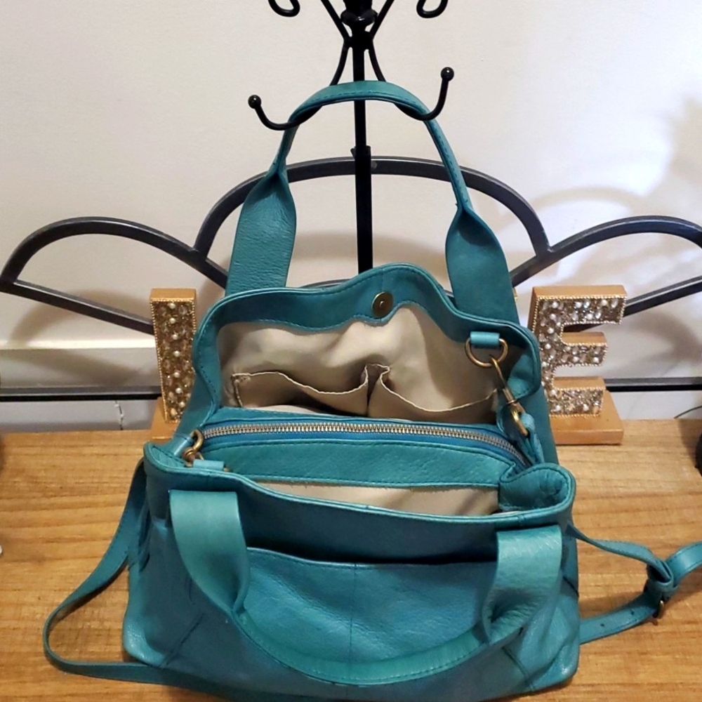 American Leather Co. Ada Triple Entry Leather Crossboy Satchel Deep Lake, Teal - Picture 7 of 12